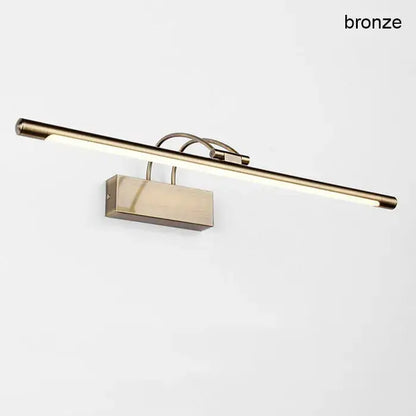 Modern bronze-finished wall-mounted led vanity light with sleek elongated rectangular design for bathroom mirror use
