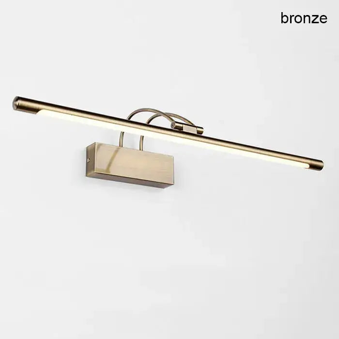 Modern bronze-finished wall-mounted led vanity light with sleek elongated rectangular design for bathroom mirror use