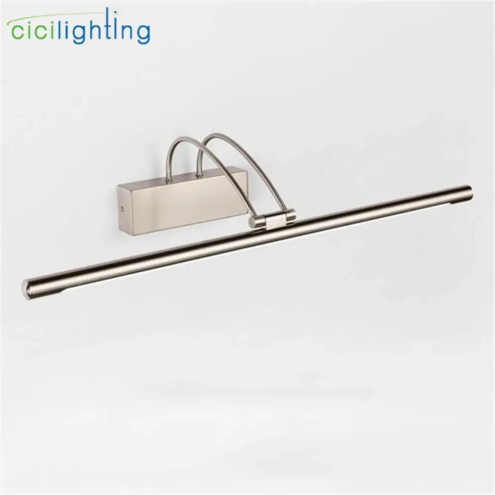 Modern brushed nickel led vanity light with sleek elongated bar and curved arm wall-mounted design for bathroom mirror