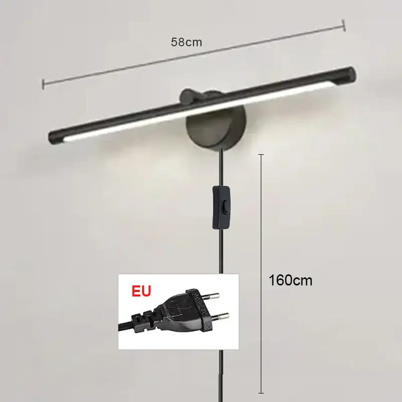 Black modern brushed nickel led wall lamp with sleek elongated design and adjustable height for bathroom use with motion sensor