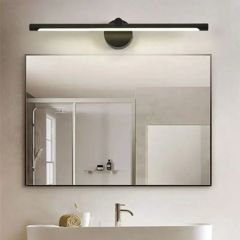 Black minimalist led wall lamp with sleek modern design and motion sensor for bathroom use in brushed nickel style