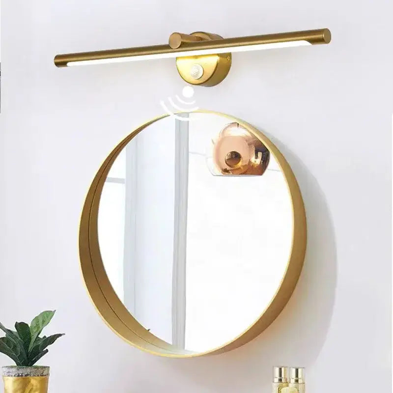Gold-finished modern brushed nickel led wall lamp with motion sensor for bathroom illumination and sleek design