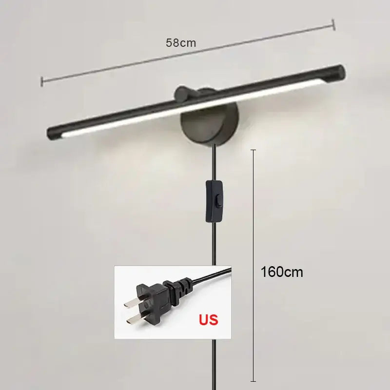 Black modern led wall lamp with sleek elongated bar design and adjustable height for bathroom use with motion sensor