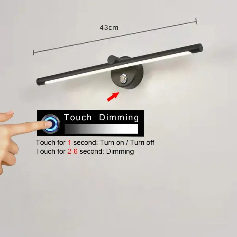 Modern brushed nickel led wall lamp with black matte finish and touch-sensitive dimming control for bathroom use