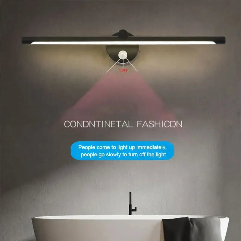 Modern brushed nickel led wall lamp with motion sensor featuring a sleek black minimalist rectangular design and circular base