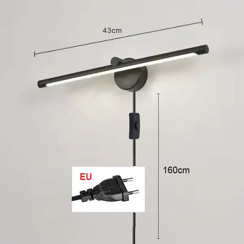 Modern black led wall lamp with brushed nickel finish, sleek minimalist design, adjustable height, and motion sensor for bathroom use