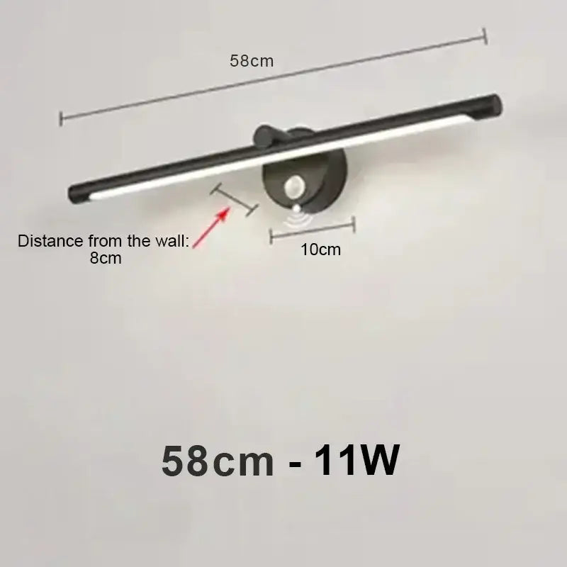 Black modern brushed nickel led wall lamp with sleek elongated design 58cm length and motion sensor for bathroom use