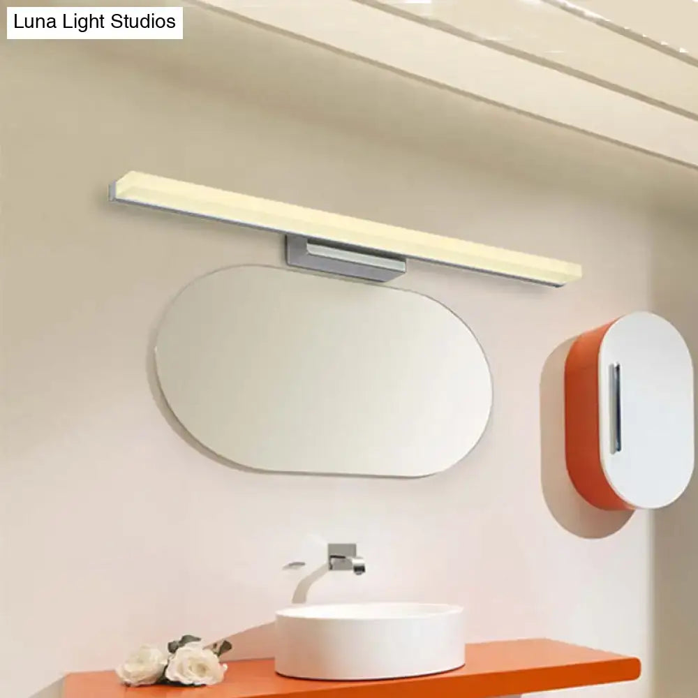 Modern brushed nickel led wall light fixture with sleek silver frame and warm white illuminated panel for bathroom vanity