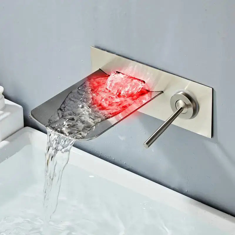 Modern brushed nickel led waterfall wall mount faucet with stainless steel rectangular design and red led lighting decorbites led waterfall