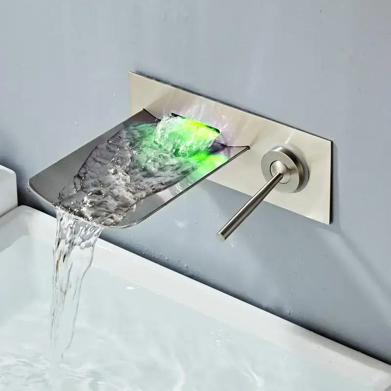 Modern brushed nickel led waterfall wall mount faucet with stainless steel rectangular design and vibrant green led lighting decorbites led waterfall
