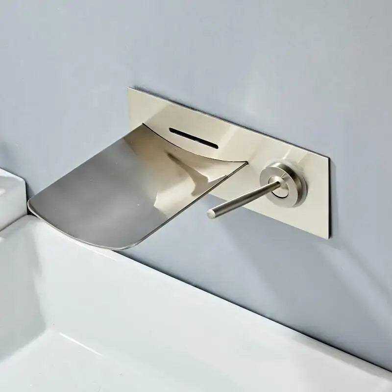 Modern brushed nickel led waterfall wall mount faucet with sleek angular design and single lever handle for bathroom decorbites led waterfall
