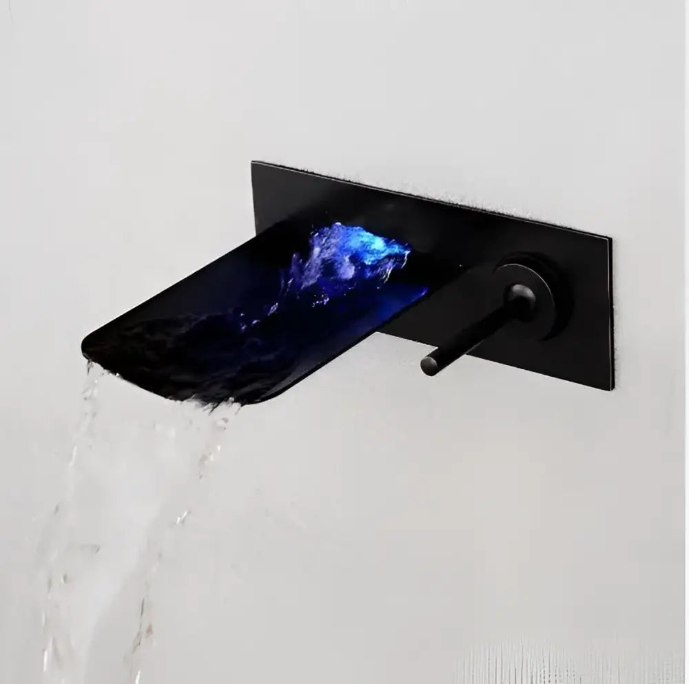 Black matte finish led waterfall wall mount faucet with blue led lighting and brushed nickel temperature control