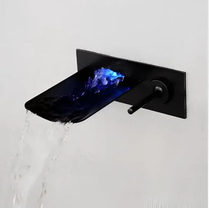 Black matte finish led waterfall wall mount faucet with blue led lighting and brushed nickel temperature control