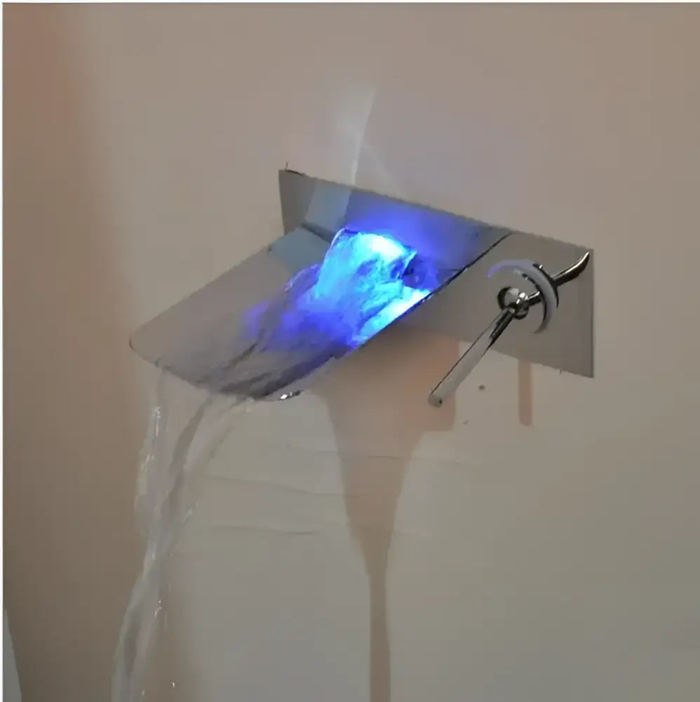 Modern brushed nickel led waterfall wall mount faucet with chrome finish and integrated blue decorbites led waterfall lighting