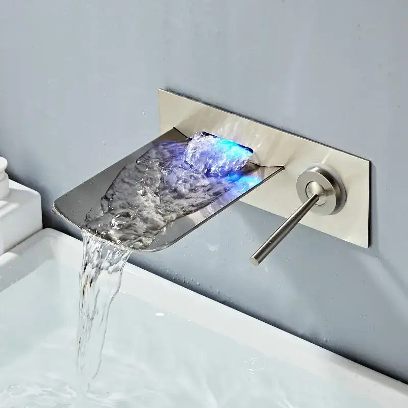 Modern brushed nickel led waterfall wall mount faucet with integrated blue led lighting for bathroom decorbites led waterfall