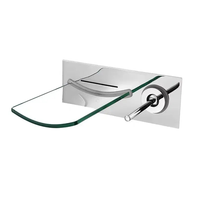 Modern chrome-finished wall-mounted toilet paper holder with curved glass shelf complementing decorbites led waterfall wall mount faucet