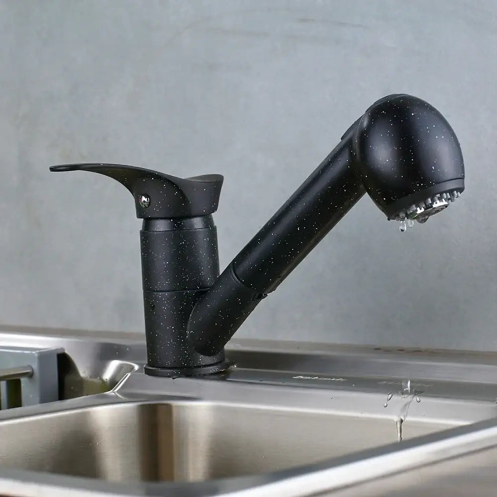 Modern brushed nickel kitchen faucet with black speckled pull-out spray head and single lever handle decorbites brushed nickel
