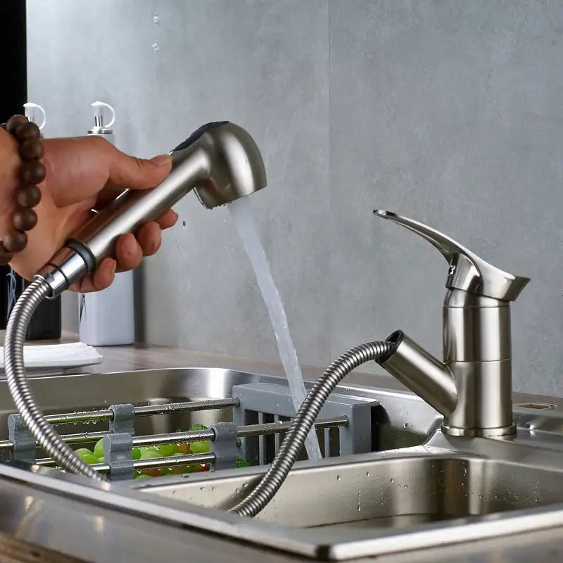 Modern brushed nickel kitchen faucet with single lever handle and stainless steel pull-out spray nozzle flexible hose decorbites brushed nickel