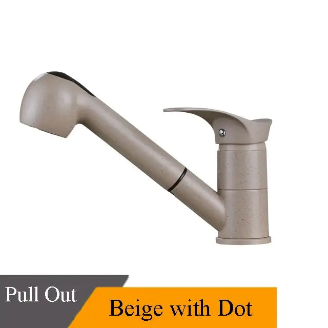 Beige pull out kitchen faucet with speckled dot pattern and modern design in decorbites brushed nickel finish
