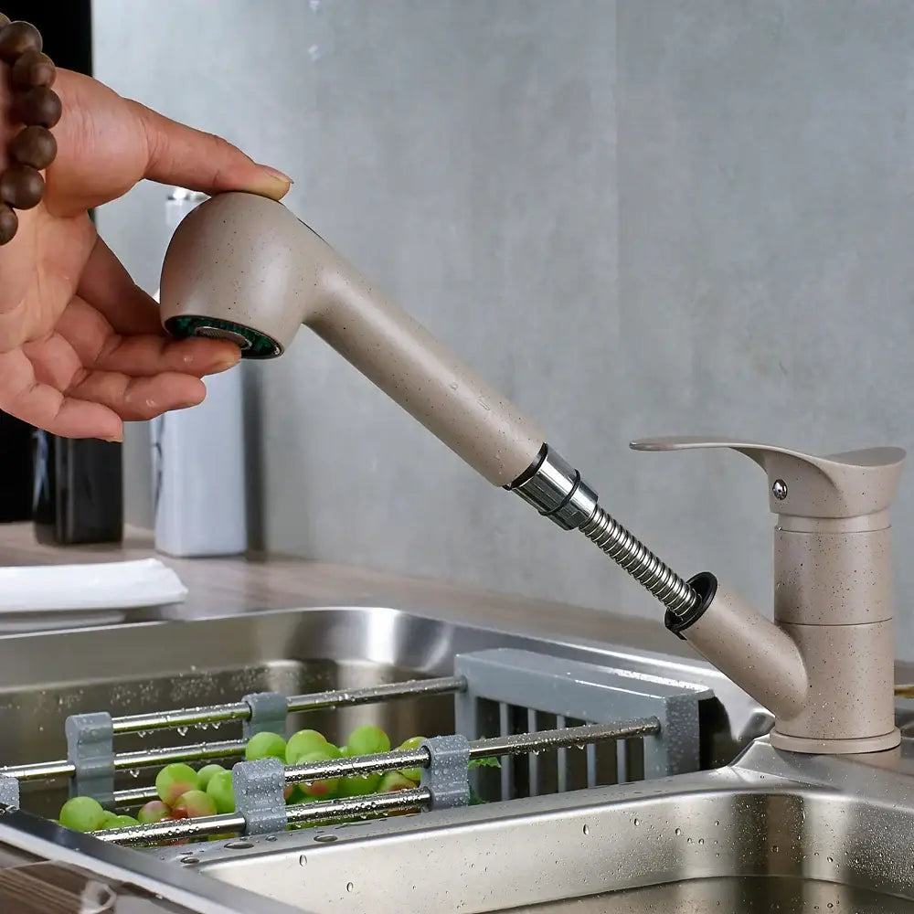 Modern brushed nickel kitchen faucet with beige speckled flexible pull out spray head and single lever handle decorbites brushed nickel