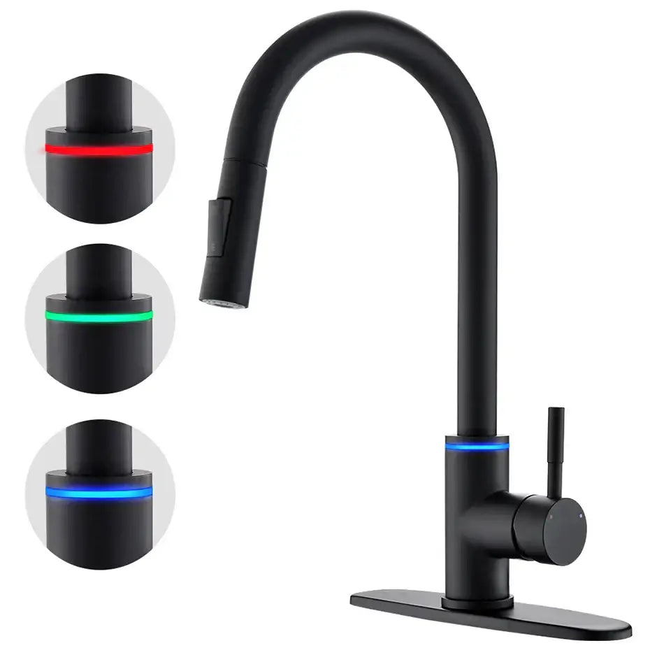 Modern brushed nickel pull kitchen faucet with black matte finish curved spout and led lighting in red green and blue