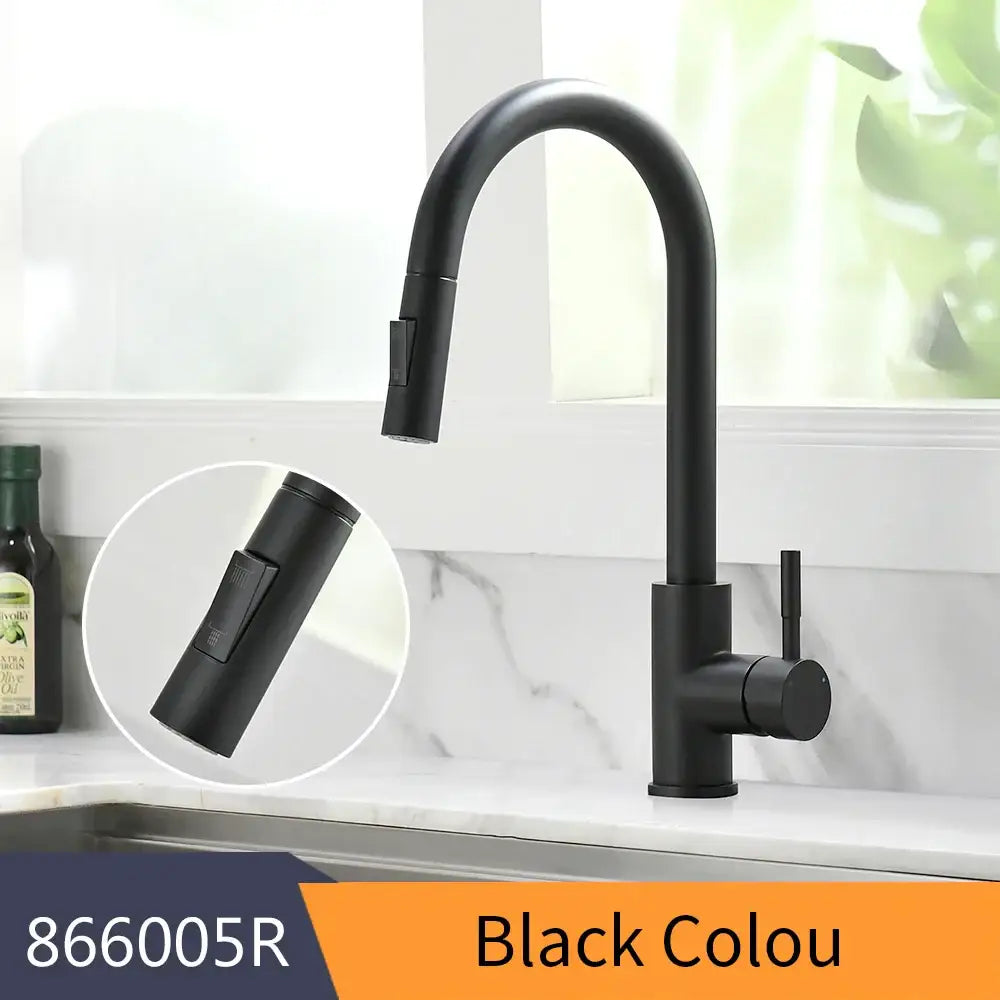 Black matte kitchen faucet with sleek curved spout and pull-down spray head for modern brushed nickel pull use