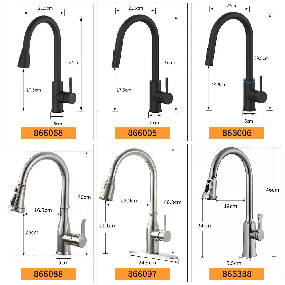 Modern brushed nickel pull out kitchen faucet with sleek black and stainless steel curved pull down spouts in varying heights