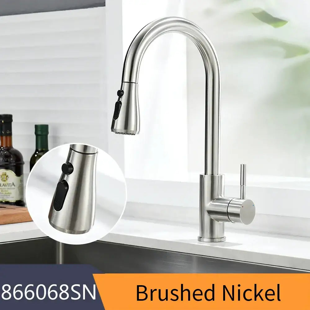 Modern brushed nickel pull out kitchen faucet with sleek arched spout and pull down spray head by decorbites brushed nickel