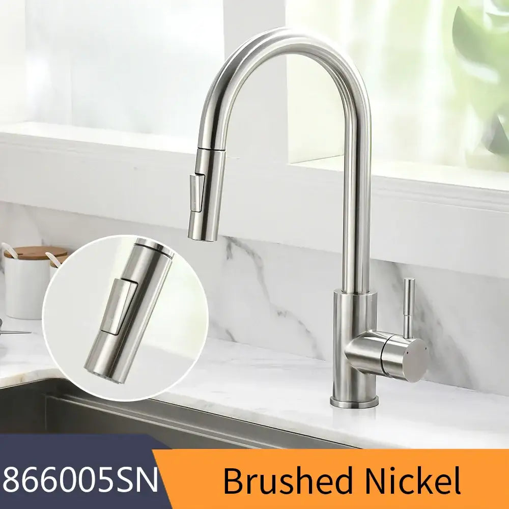 Modern brushed nickel pull out kitchen faucet with sleek arched spout and decorbites brushed nickel pull spray head