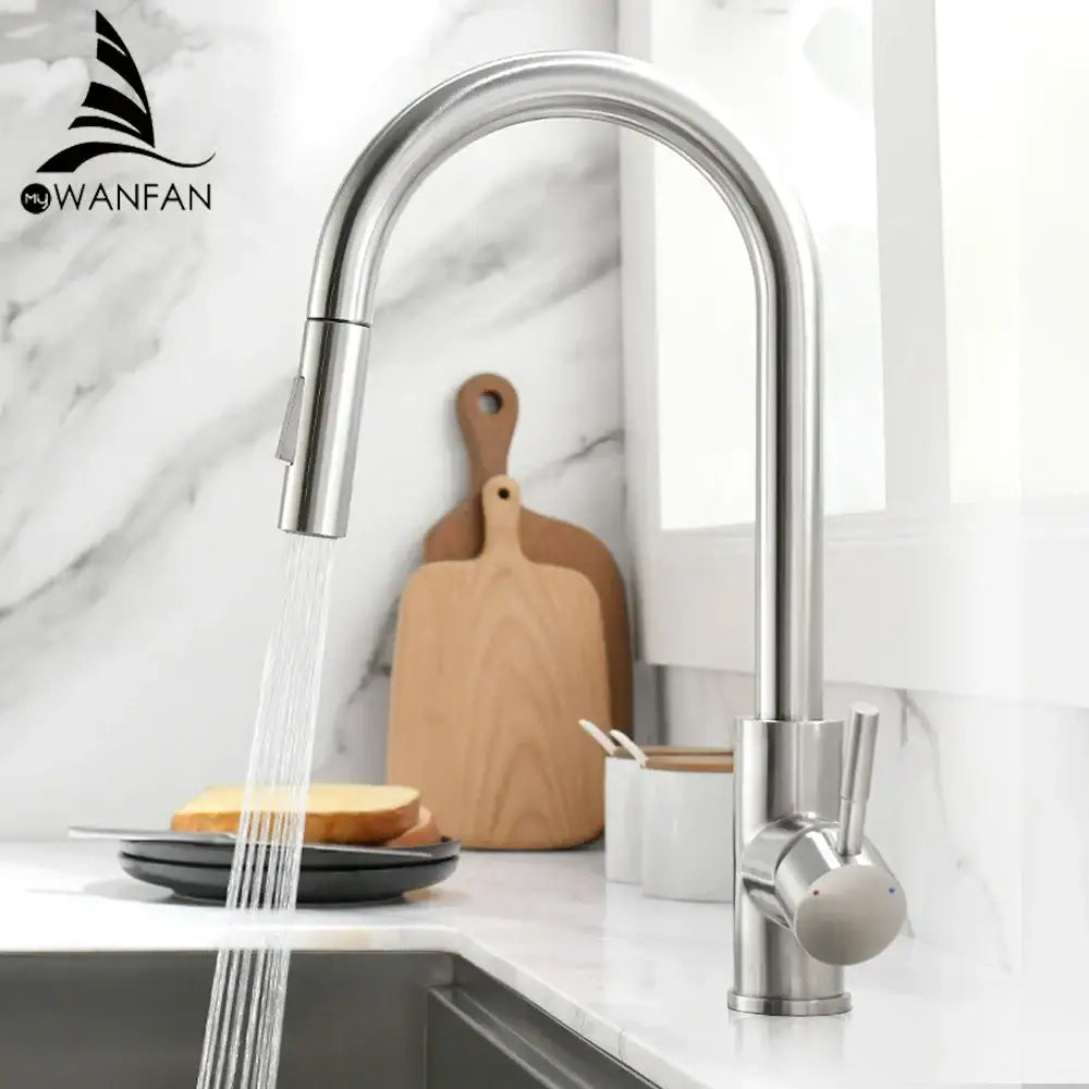 Modern brushed nickel pull out kitchen faucet with stainless steel gooseneck and pull-down spray head by decorbites brushed nickel