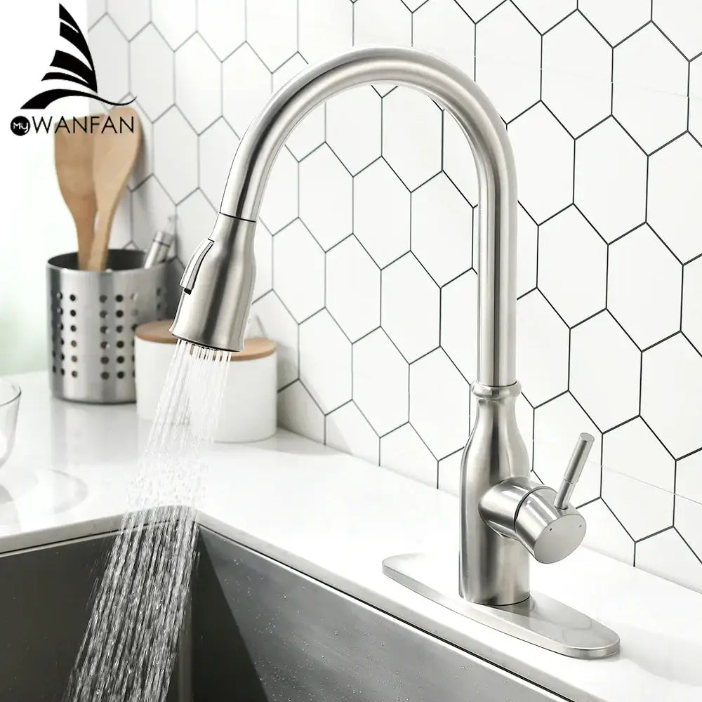 Modern brushed nickel pull kitchen faucet with brushed nickel finish and pull-down curved spout for decorbites brushed nickel setup