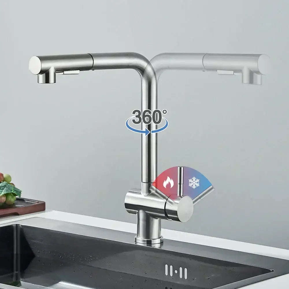Modern brushed nickel kitchen faucet in stainless steel with dual pull-out spouts and temperature control decorbites brushed nickel