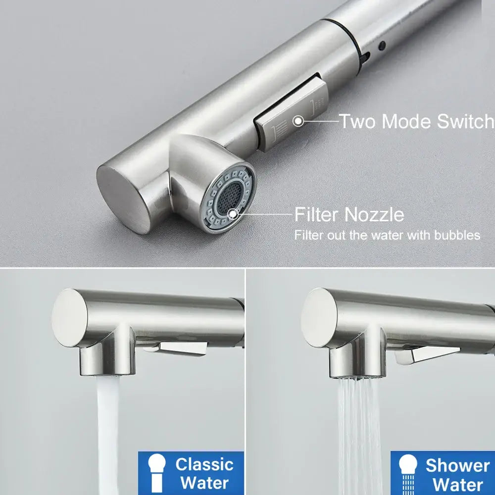 Modern brushed nickel kitchen faucet with stainless steel sprayer two-mode switch and filter nozzle decorbites brushed nickel