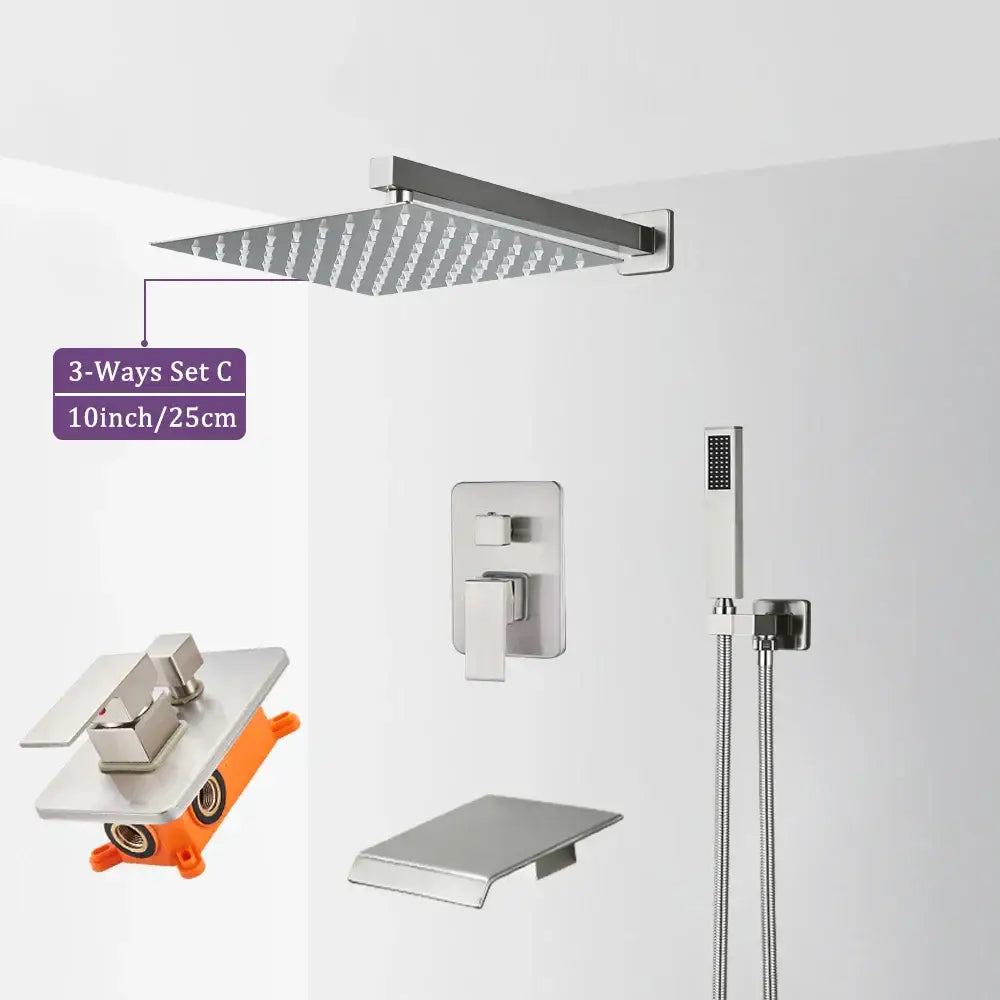 Modern brushed nickel shower faucet featuring a stainless steel square rain shower head with textured surface decorbites brushed nickel