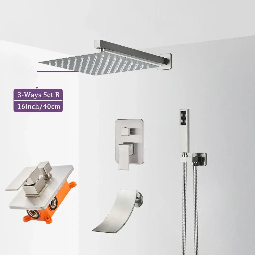 Stainless steel square rain shower head with brushed nickel finish and textured surface in decorbites shower faucet set