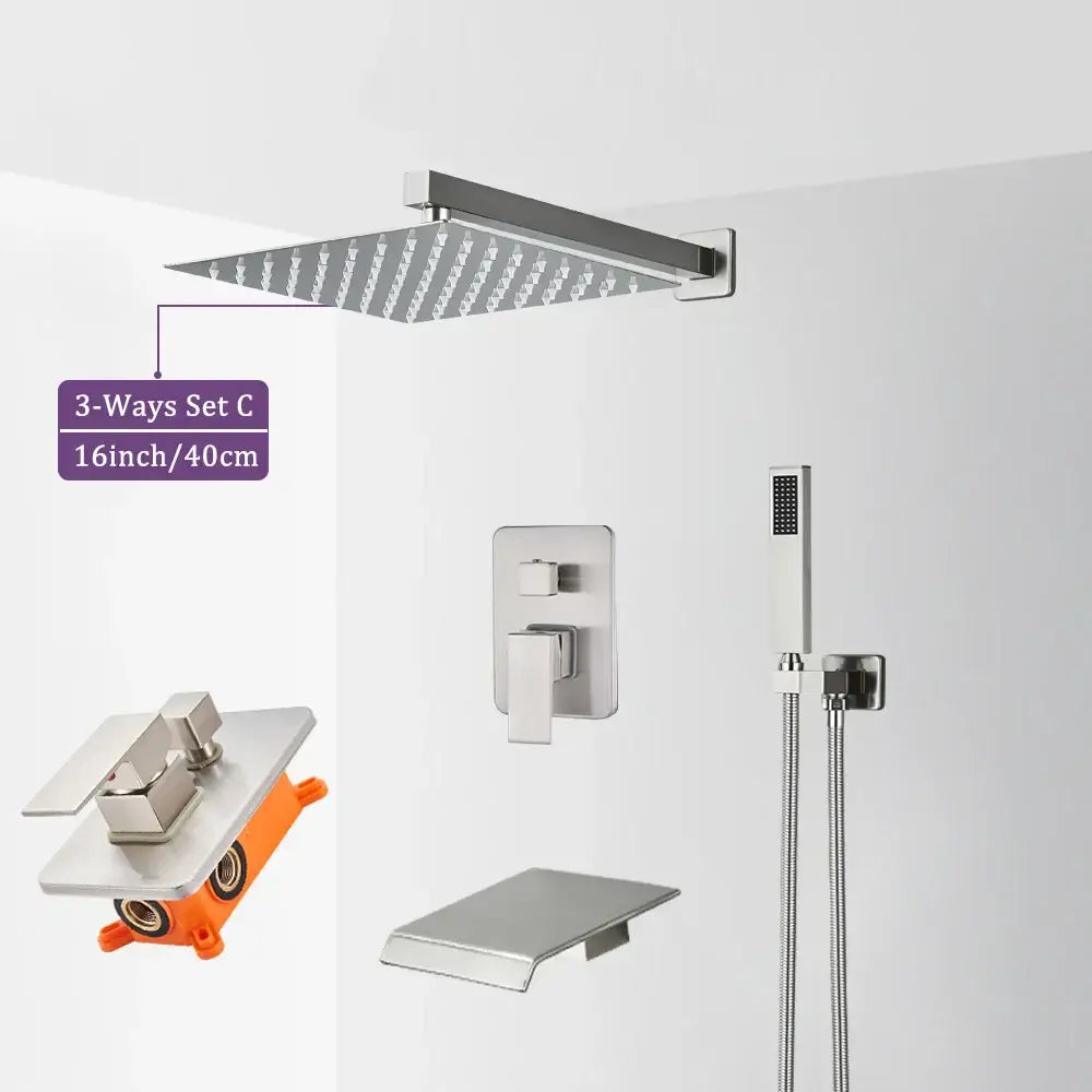 Stainless steel square brushed nickel shower faucet rain shower head with sleek modern design and 3-way functionality