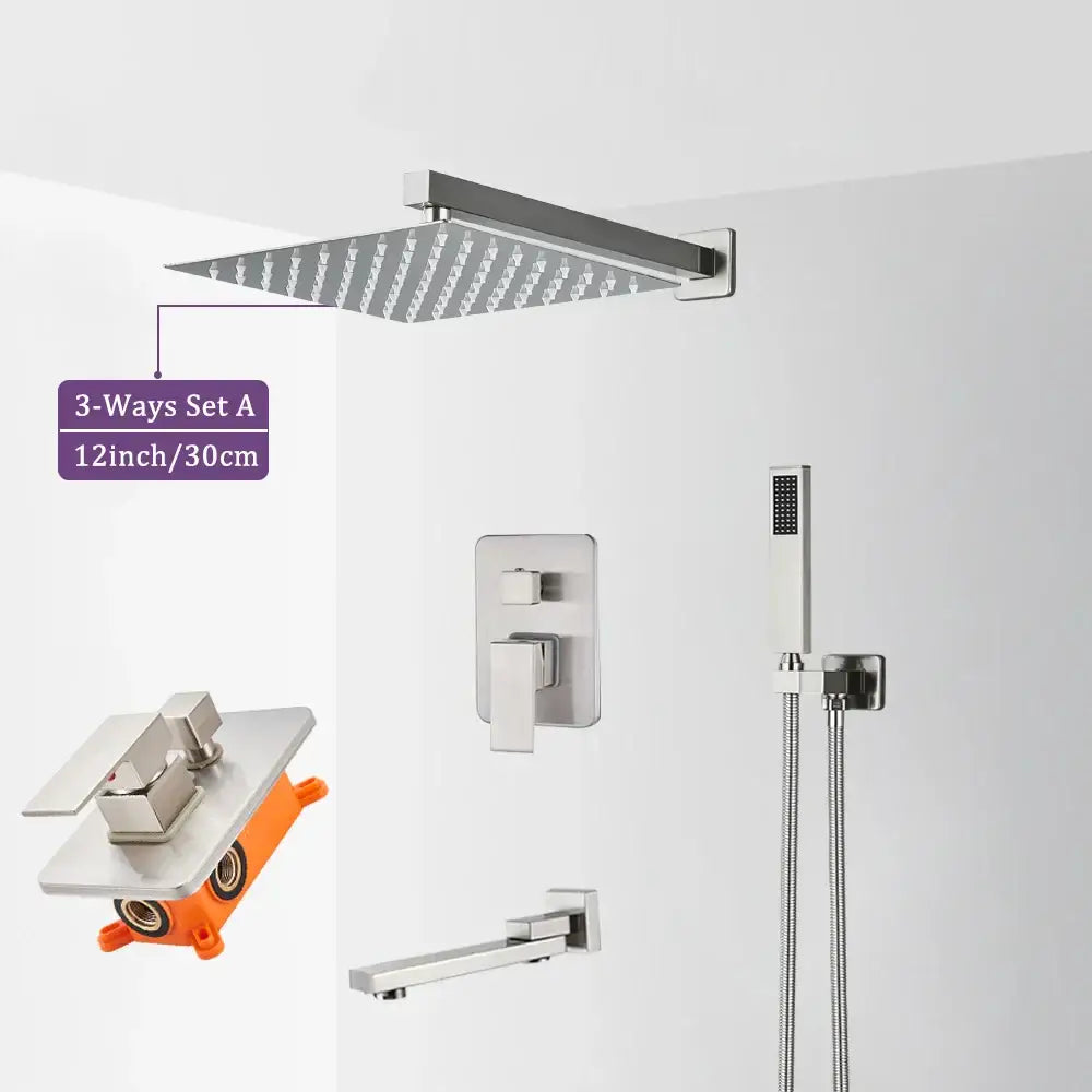 Modern brushed nickel shower faucet set with square rainhead handheld sprayer and geometric design decorbites brushed nickel