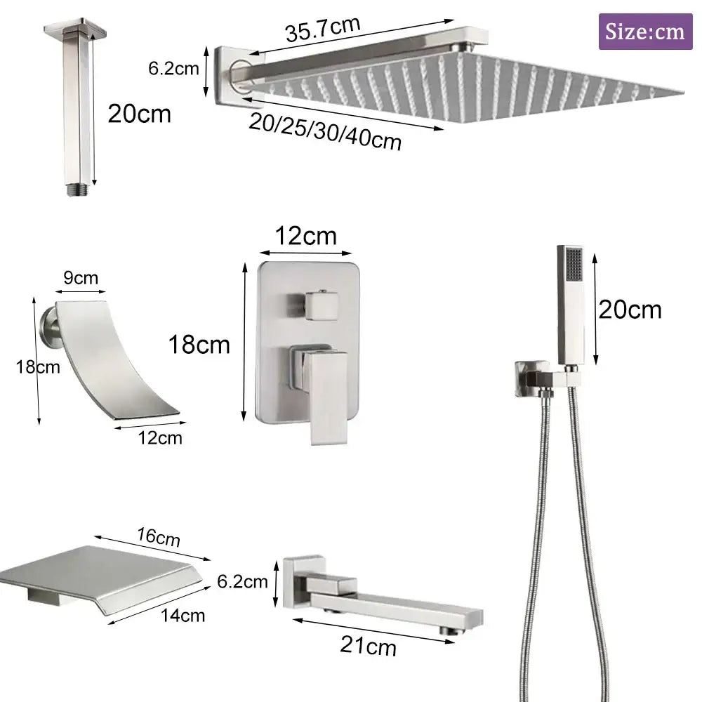 Modern brushed nickel shower faucet with rectangular stainless steel rainfall showerhead and multiple water jets decorbites