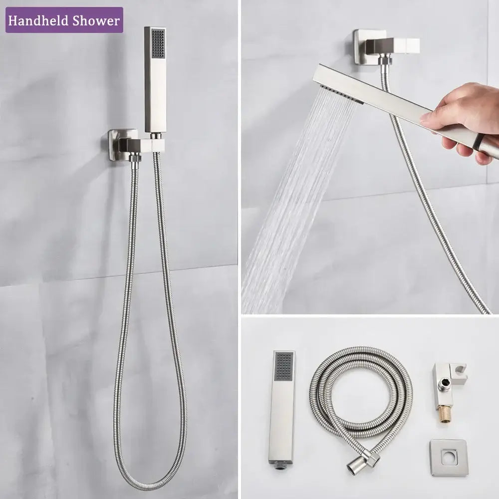Modern brushed nickel shower faucet with sleek rectangular handheld design and flexible metal hose decorbites brushed nickel