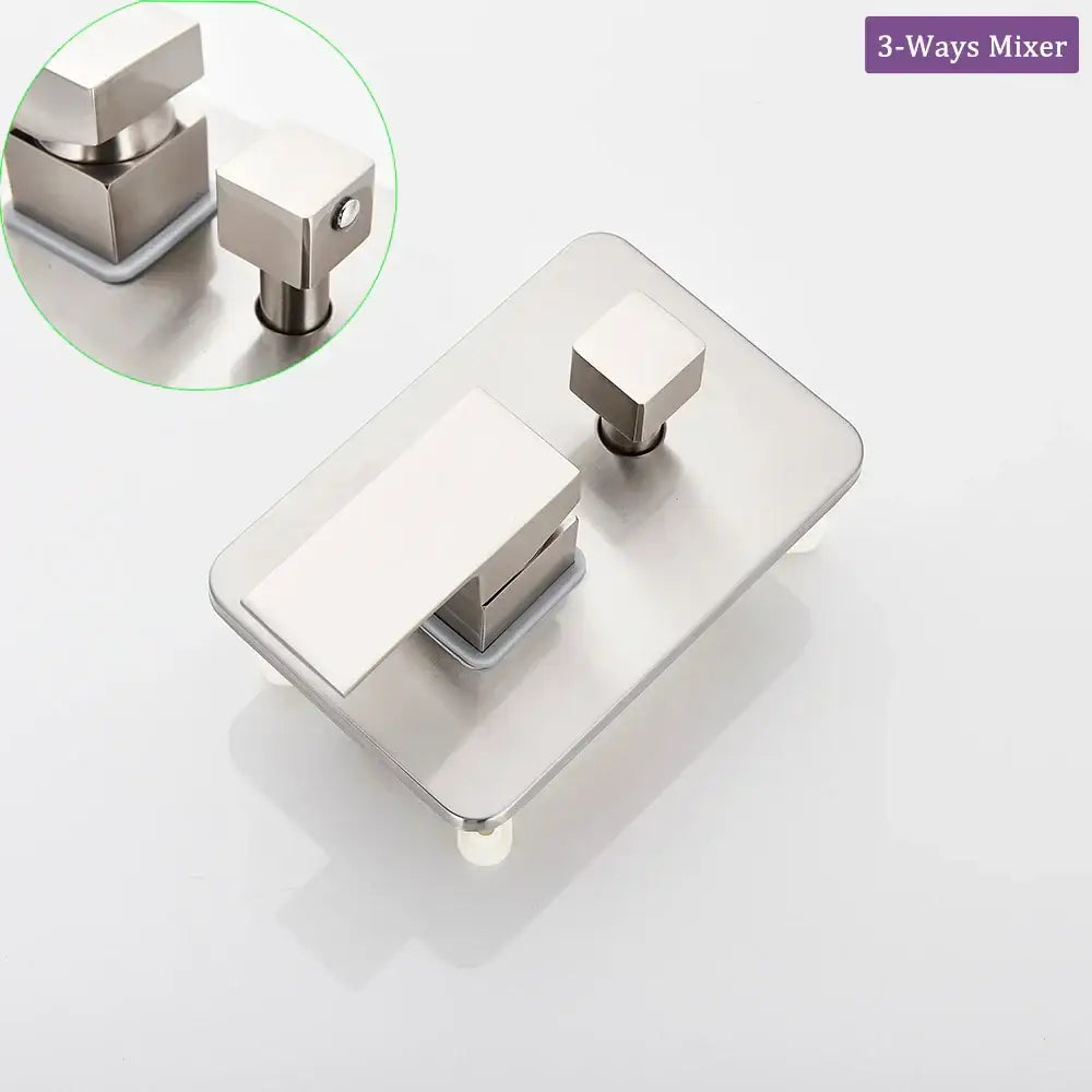 Modern brushed nickel shower faucet with brushed stainless steel 3-way mixer and sleek square knobs by decorbites