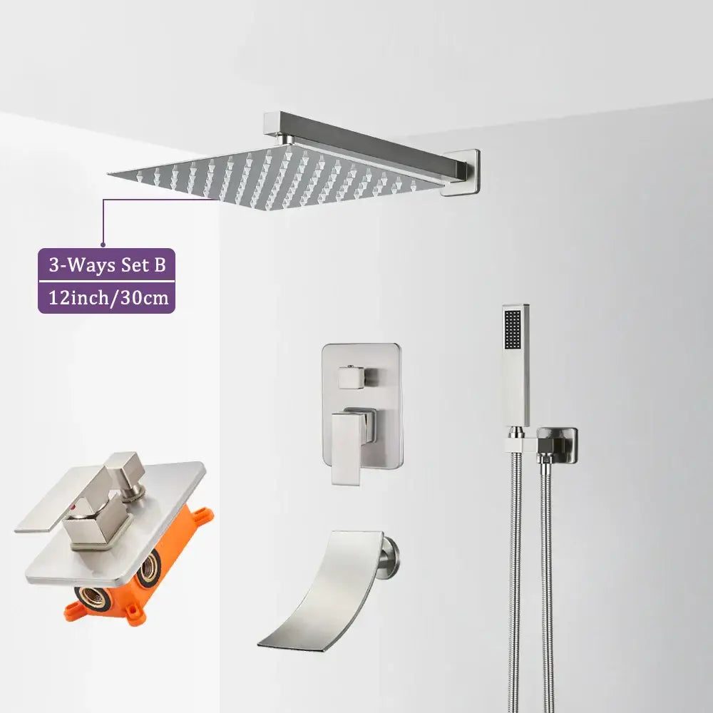 Stainless steel square rain shower head with multiple nozzles in a modern brushed nickel shower faucet by decorbites