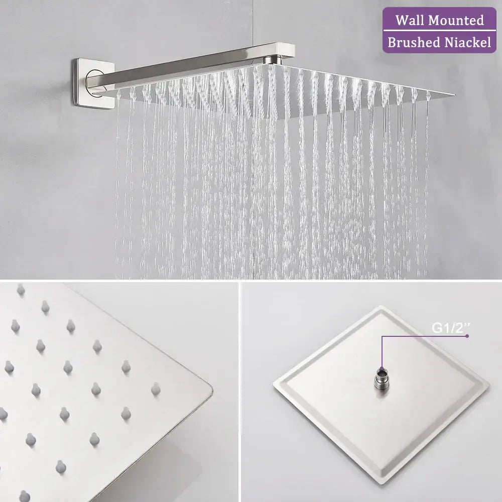 Modern brushed nickel wall-mounted square shower faucet with multiple jets and g1/2 threaded connection by decorbites