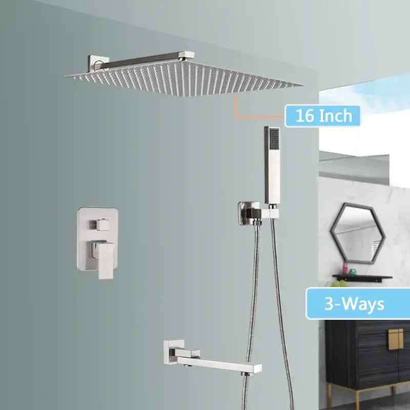 Modern brushed nickel shower faucet set featuring a 16-inch square rain shower head with a sleek chrome finish