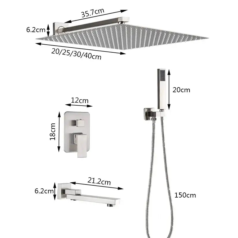 Modern brushed nickel rainfall shower faucet set with square rainhead handheld sprayer and tub spout in stainless steel