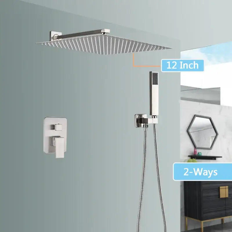 Modern brushed nickel 12-inch square rain shower faucet set with sleek design and brushed chrome finish for bathroom use