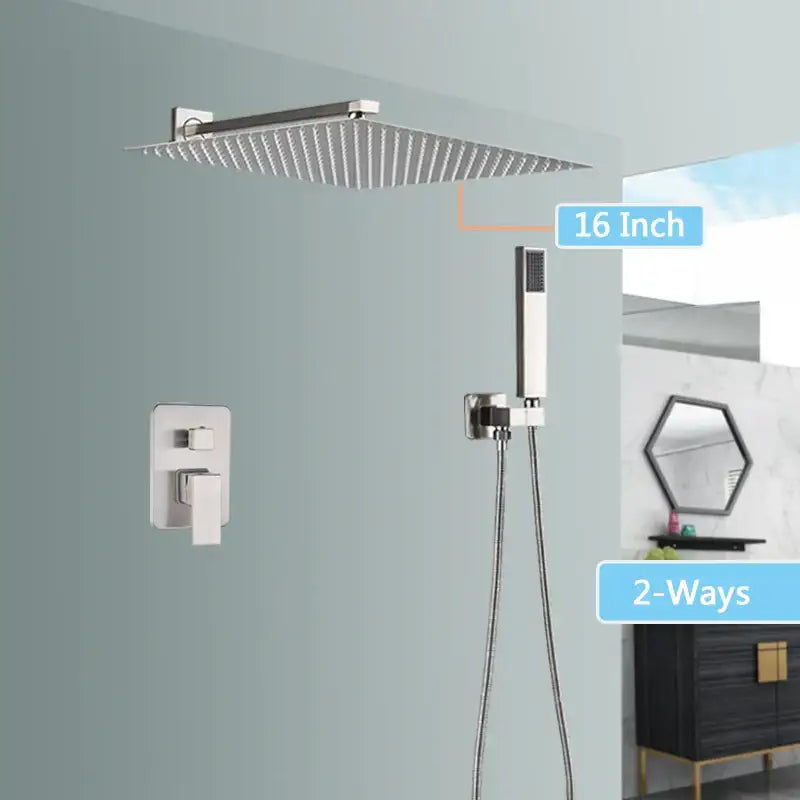 Modern brushed nickel shower faucet set with 16-inch square rain shower head in sleek stainless steel finish