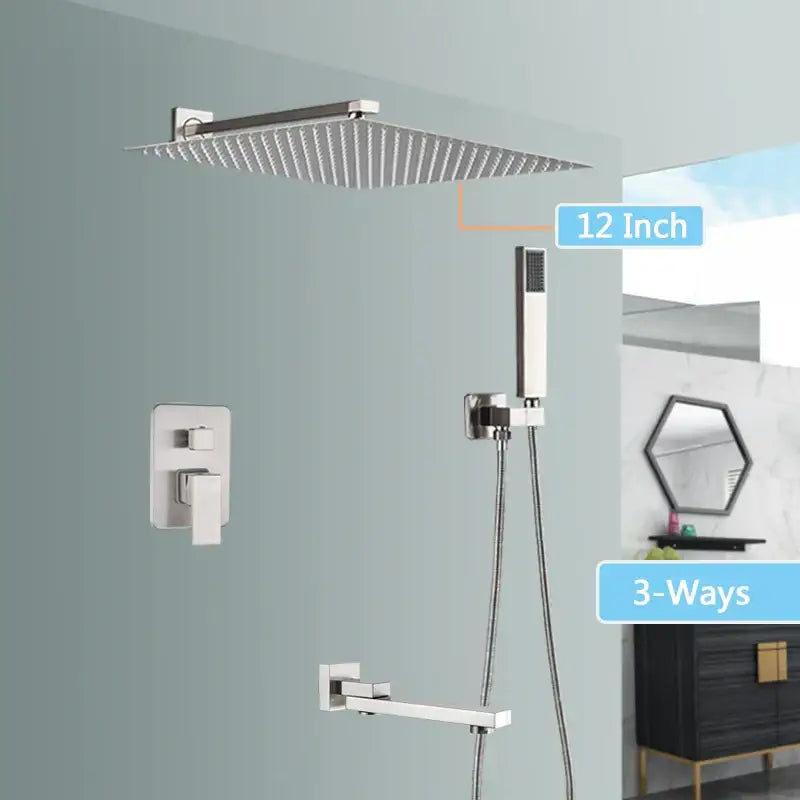 Modern brushed nickel shower faucet set featuring a stainless steel 12-inch square rainfall showerhead with handheld spray nozzle