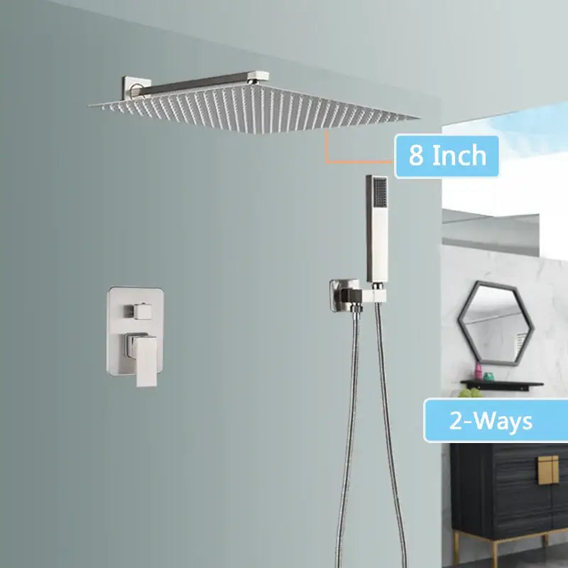 Modern brushed nickel stainless steel 8-inch square rainfall shower faucet set with handheld spray nozzle for bathroom use