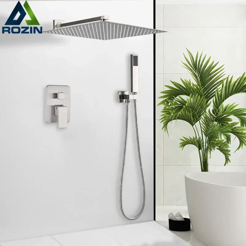 Modern brushed nickel shower faucet set featuring a stainless steel square rain shower head with textured surface