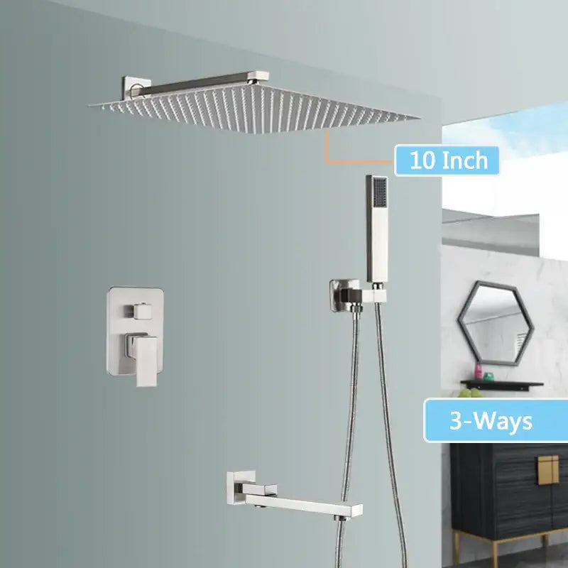 Modern brushed nickel shower faucet set with 10-inch square rain shower head handheld nozzle and three-way control valve